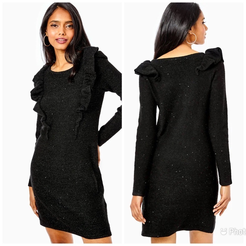 Lilly Pulitzer Ruth Sequin Sweater Dress Black Ruffle 008919 Small